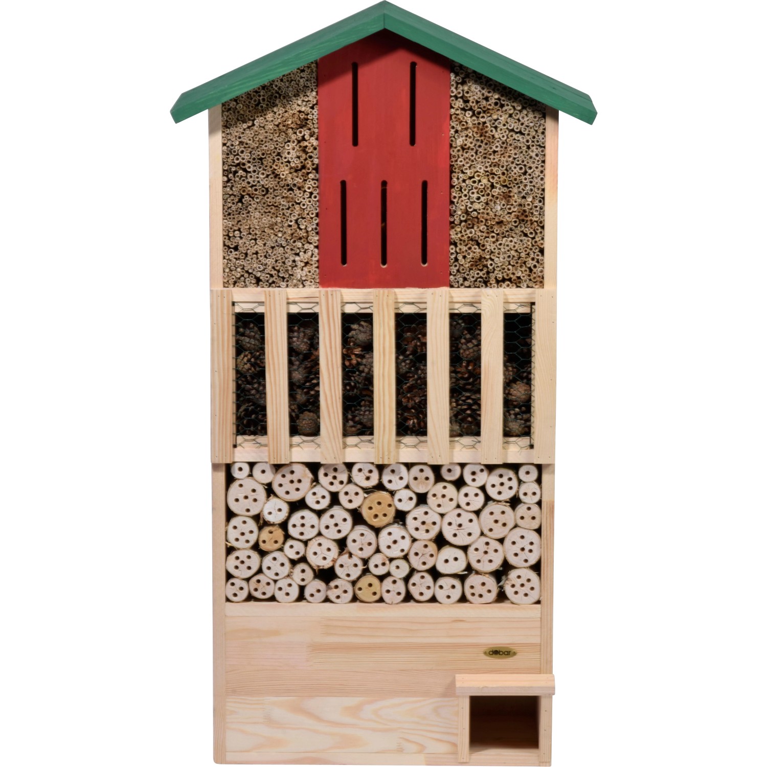Großes, grünes Insektenhotel aus Holz mit Igelhaus. Nützlingshotel für Garten & Balkon.
