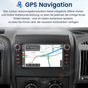 Junsun Autoradio mit 7-Zoll-Bildschirm und GPS-Navigation, eingebaut im Armaturenbrett eines Fiat Ducato.