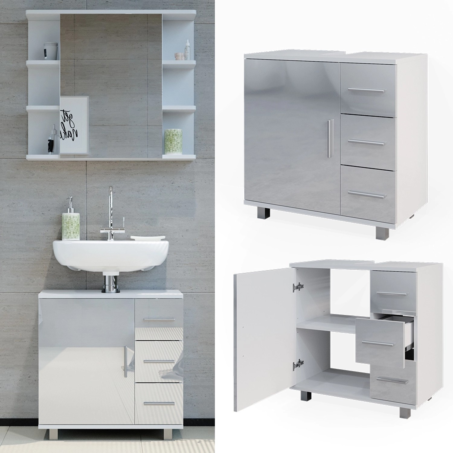 Vicco Waschbeckenunterschrank Ilias, weiß hochglanz, 60x61 cm. Badmöbel zur Aufbewahrung im Badezimmer.