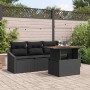 Schwarzes 5-teiliges Garten-Sofa-Set aus Poly Rattan mit Tisch und Kissen.