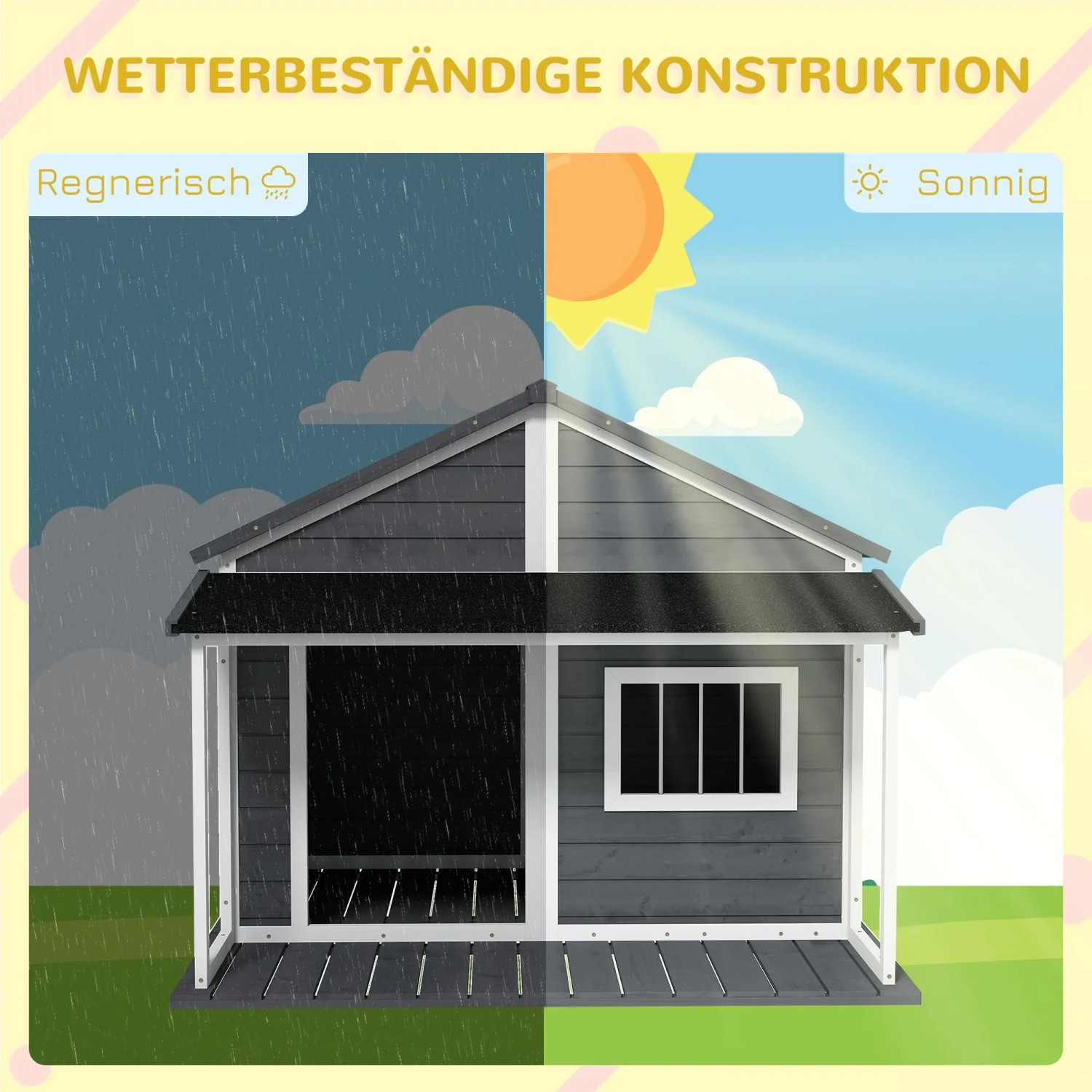 PawHut Hundehütte aus Massivholz mit Terrasse Asphaltdach Grau 124 x 112 x 105cm_5