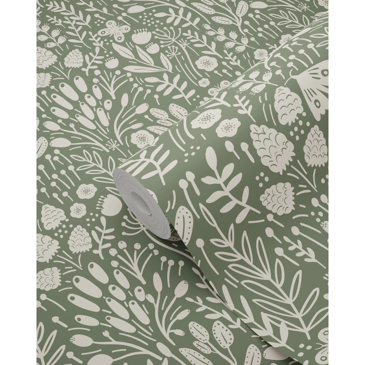 ESTAhome Vliestapete mit grünem Hintergrund und weißem Blumenmuster, teilweise abgerollt. Dekorative Tapete.