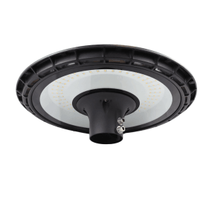 Runde LED Mastleuchte, 120W, warmweiß (3000K), für Straßen und Außenbereiche.