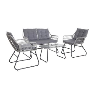 Svita Capri Balkonmöbel-Set: hellgraue Polyrattan-Sitzgruppe mit Bank, 2 Stühlen, Glastisch, dunklen Kissen. Gartenlounge.