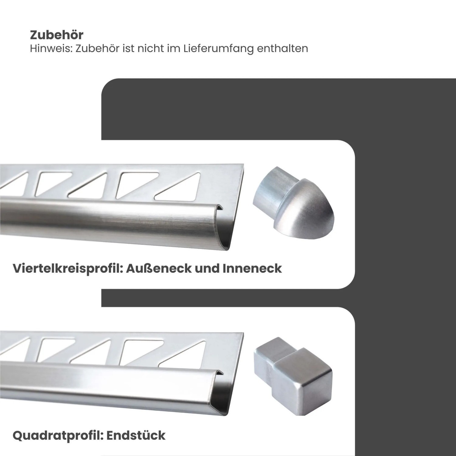 Dalsys Fliesenschiene Edelstahl gebürstet, quadratisches Eckprofil und Zubehör.