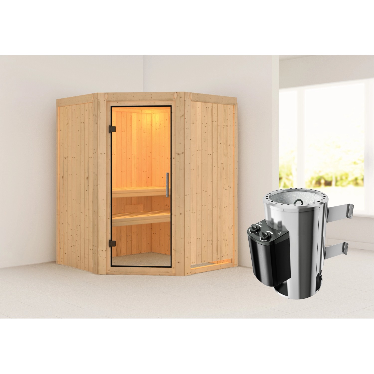 Karibu Sauna mit Ofen integrierte Stg.Natur