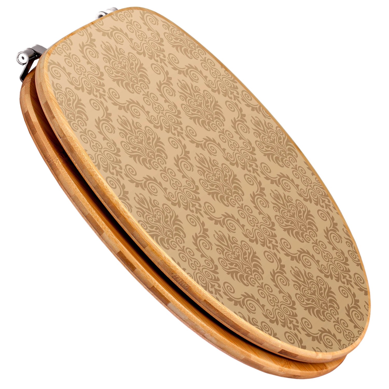 Banjado WC-Sitz aus Bambus mit Tapeten-Motiv in Beige. Holz-Klositz mit Universal Scharnieren.