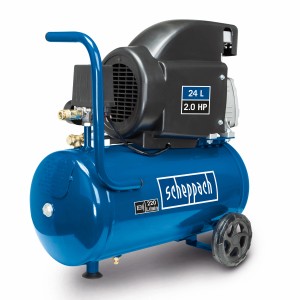 Blauer Scheppach Kompressor HC26 mit 24 l Kessel und Fahrvorrichtung.