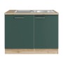 OPTIFIT Spülenschrank-Set Savona405 in Steingrün mit Edelstahlspüle und Arbeitsplatte in Wildeiche Nachbildung.