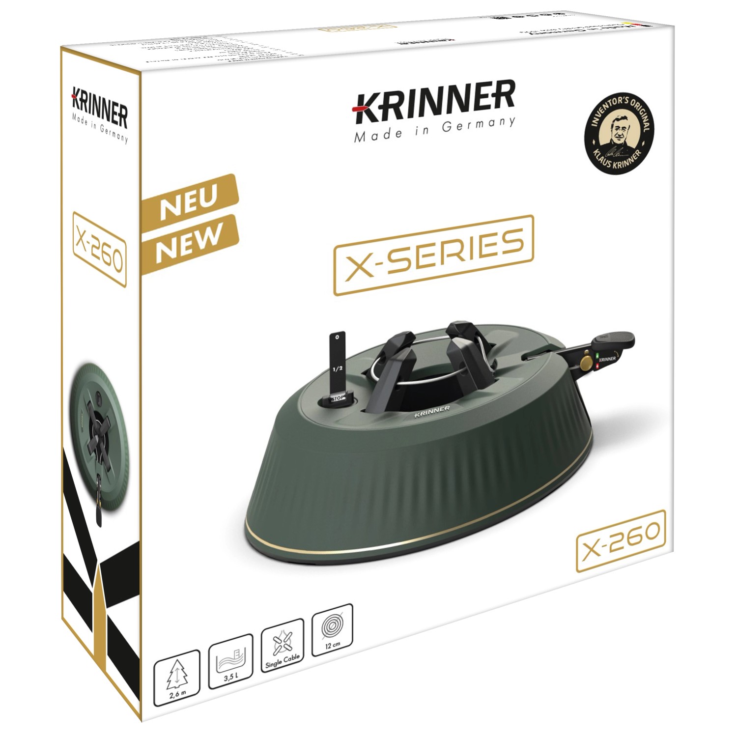 Krinner Christbaumständer X-260 in Verpackung, grün mit goldenem Rand. Für Bäume bis 2,5m Höhe.