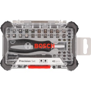 Bosch Precision Schrauberbit-Set, 42-teilig, mit Schraubendreher und verschiedenen Bits im transparenten Kasten.