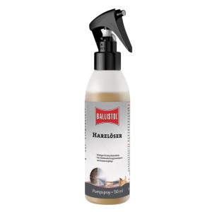 Ballistol Harzlöser Pumpspray 150 ml. Weiße Flasche mit schwarzem Sprühkopf zur Reinigung von Harzrückständen an Werkzeugen.