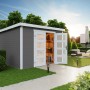 Modernes, carbongraues Lasita Holz-Gartenhaus Zambezi mit Doppeltür und Fenster.