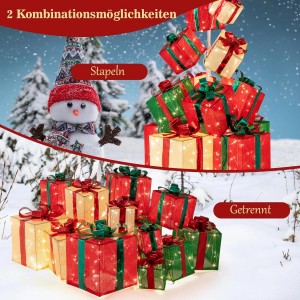 Costway Geschenkboxen, 15 gestapelte Deko-Boxen mit LED-Beleuchtung, rot, grün und gold.