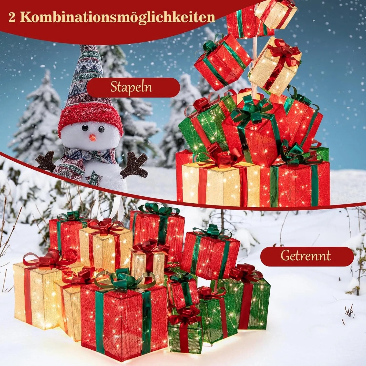Costway Geschenkboxen, 15 gestapelte Deko-Boxen mit LED-Beleuchtung, rot, grün und gold.