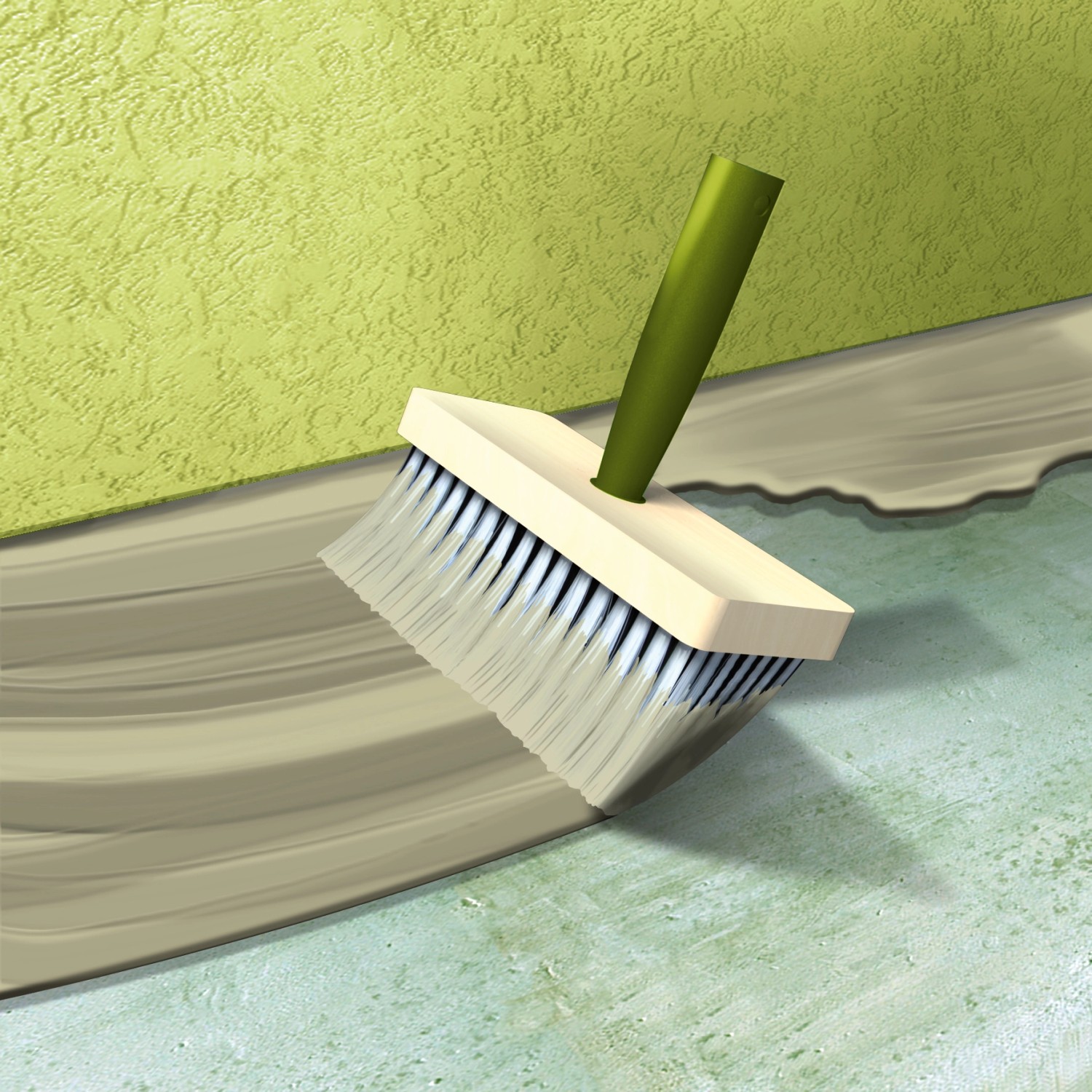 Auftragen der MEM Balkon-Abdichtung mit einem Quast auf einer Terrasse. Bauabdichtung für den Außenbereich.