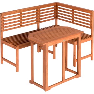2-teiliges Garten-Eckbank-Set aus braunem Eukalyptusholz mit Tisch für den Balkon.