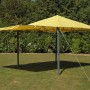 Gelber tepro Pavillon Lehua 330x330 cm mit ausklappbarer Markise im Garten.