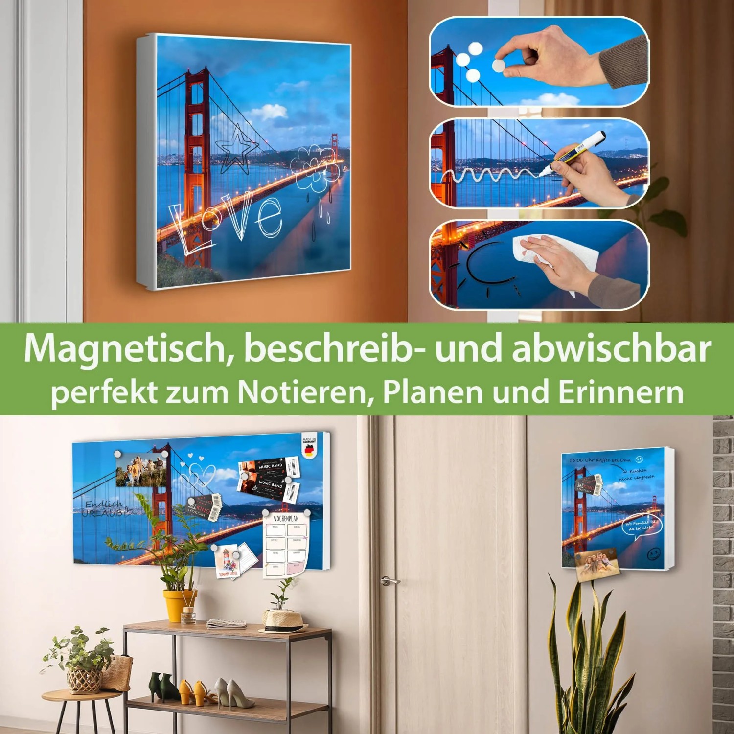 Banjado Großer Schlüsselkasten Metall 30x30cm Weiß Scharnier Links 50 Haken Beschreibbar Magnetisch Motiv Golden Gate Bridge