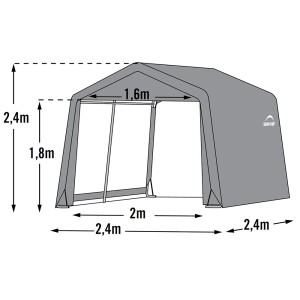 Graues Gerätehaus Shed-in-a-Box mit Maßangaben, 240x240x240 cm, ideal zur Aufbewahrung im Garten.
