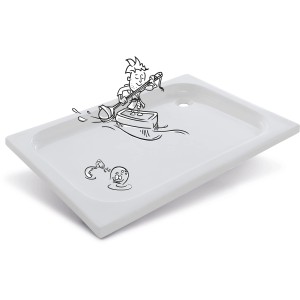 Rechteckige, weiße baliv Duschwanne Extraflach 120x80 cm mit Comic-Illustration.