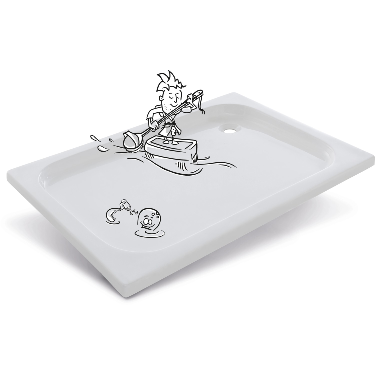 Rechteckige, weiße baliv Duschwanne Extraflach 120x80 cm mit Comic-Illustration.