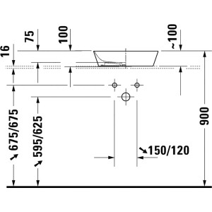 Technische Zeichnung Duravit Aufsatzwaschbecken Cape Cod, Maße und Details für die Installation.