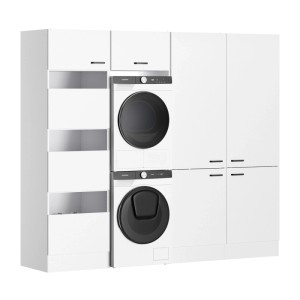 Weißes OPTIFIT Waschsäulen-Set Bonn214 mit Waschmaschine, Trockner und Schränken für den Hauswirtschaftsraum.