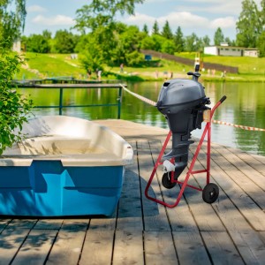 Relaxdays Außenborderständer Stahl Kiefernholz Rot Natur Rollbar 103 cm x 64 cm x 51 cm 7,5 kg