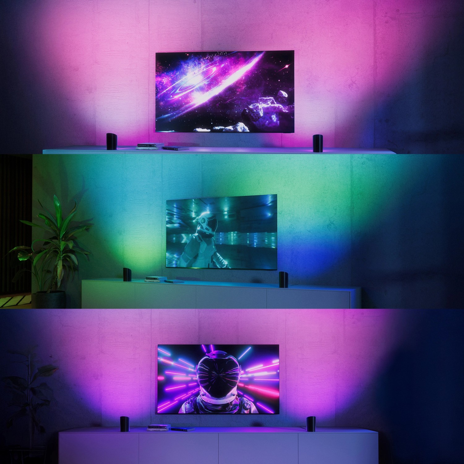 Philips Hue Play Wallwasher Doppelpack in Schwarz, verschiedene Farbszenen hinter TV.