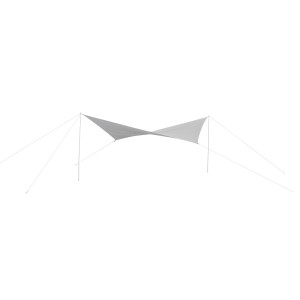 Quadratisches, weißes Sonnensegel (400x400x250 cm) mit Befestigungsseilen und Stangen.