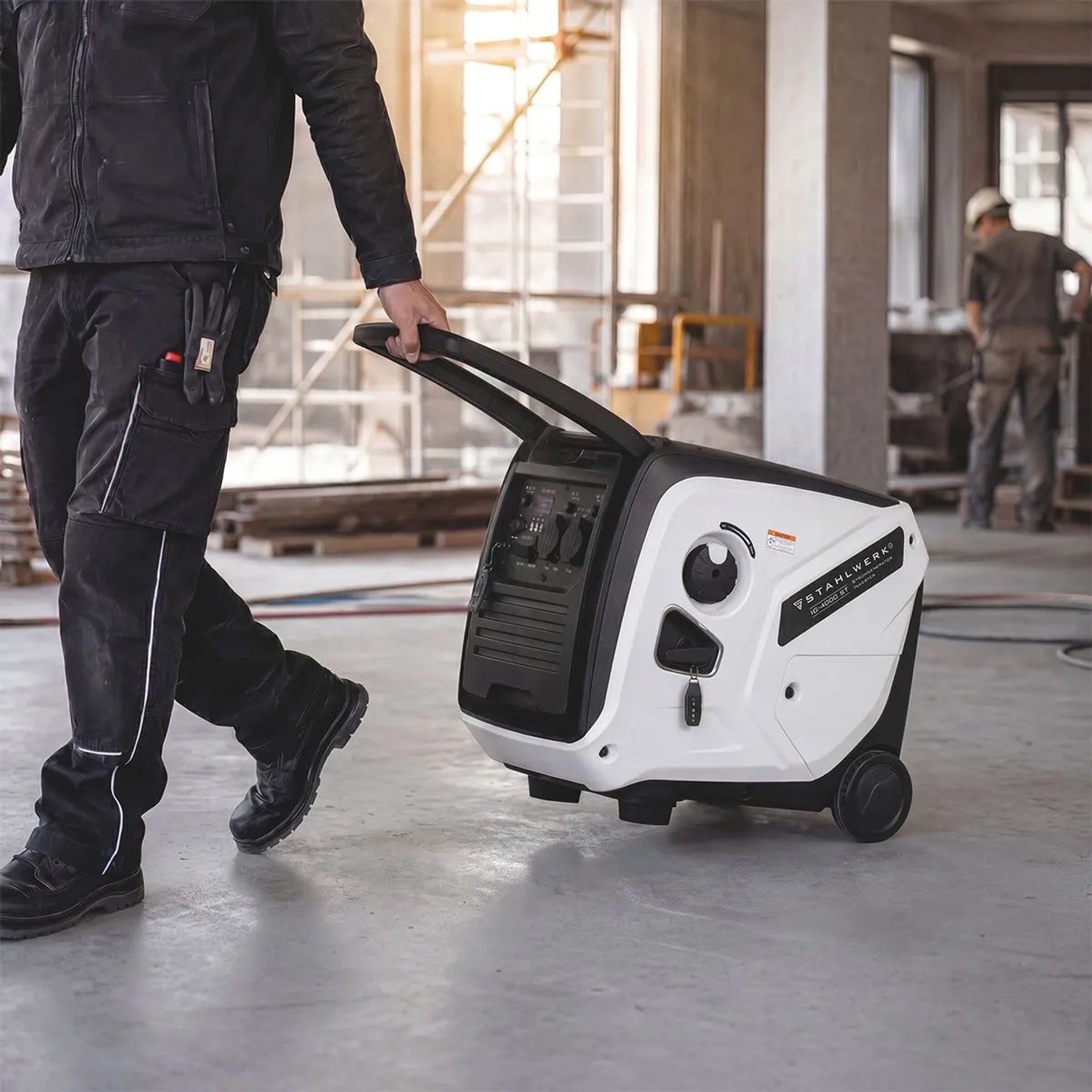 Person zieht STAHLWERK IG 4000 ST Benzin Stromgenerator auf Rädern. Mobiler 4 kW Inverter Generator für Baustelle.