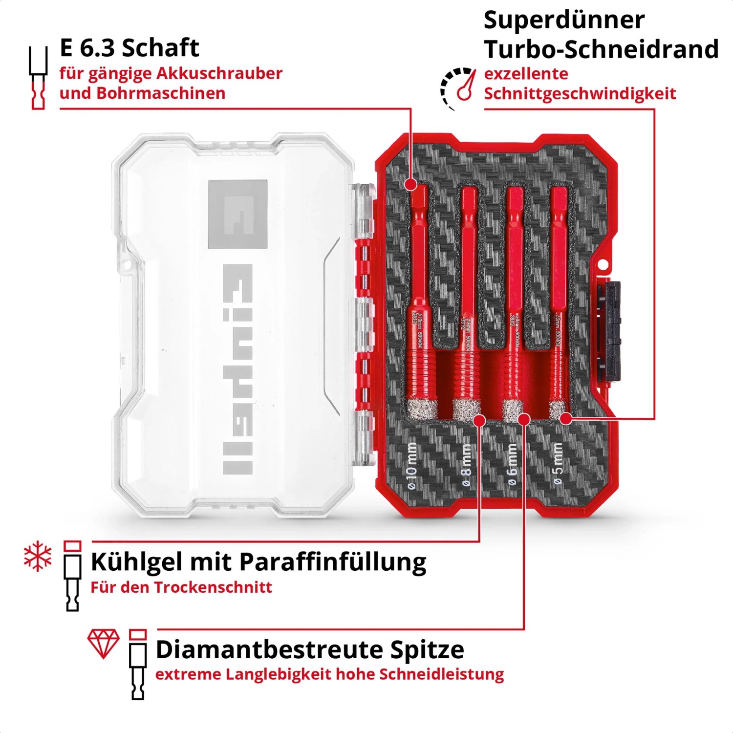 Einhell Diamant-Fliesenbohrer-Set, 4-teilig im XS-Case. Bohrer mit Diamantspitze in Rot und Silber.