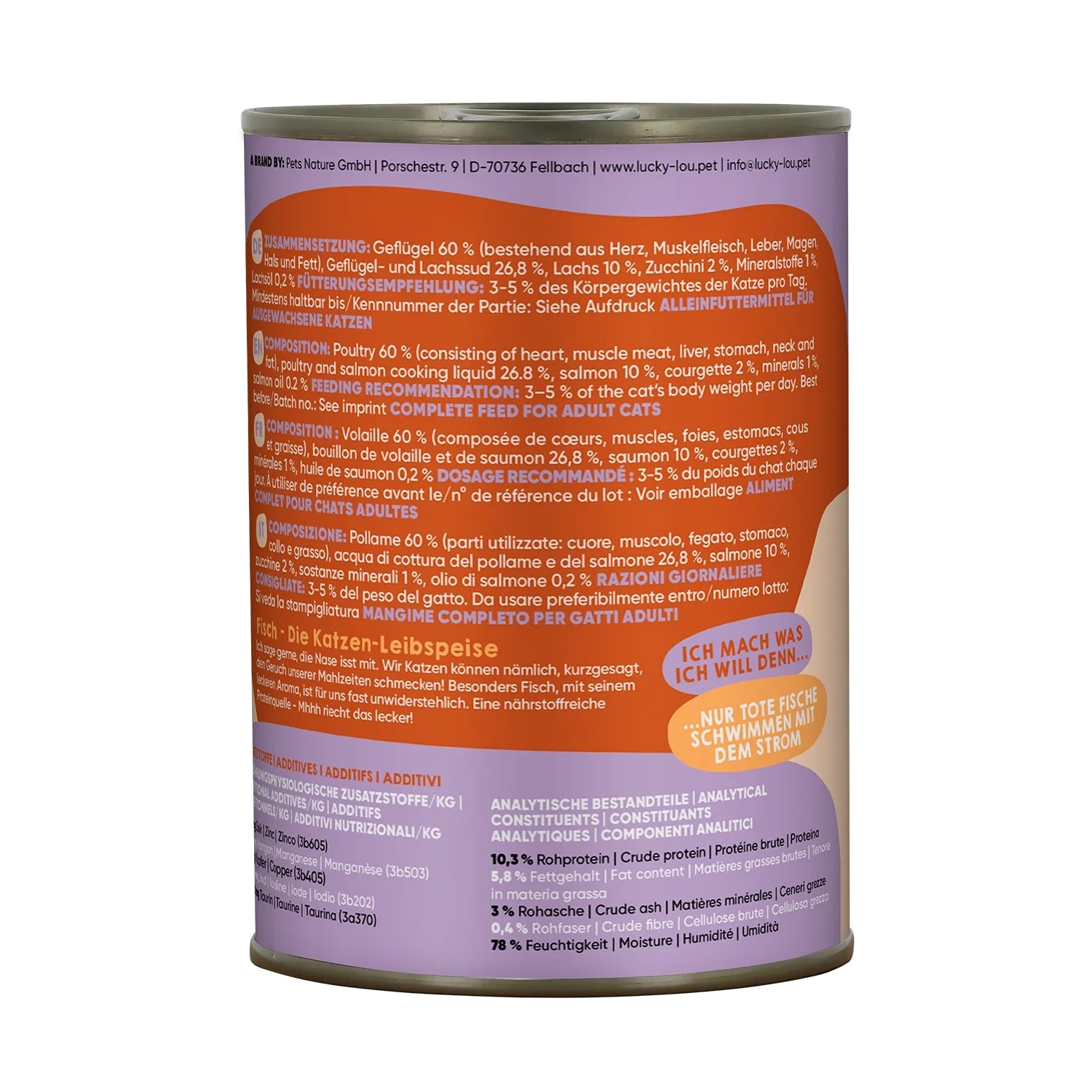 Lucky Lou Katzen-Nassfutter Adult Geflügel & Lachs, 400g Dose.