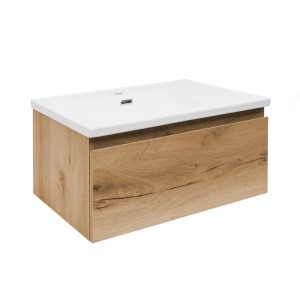 Hängender Badezimmerschrank mit weißem Keramik-Waschbecken und matter Eiche-Front. Moderner Waschbeckenunterschrank.