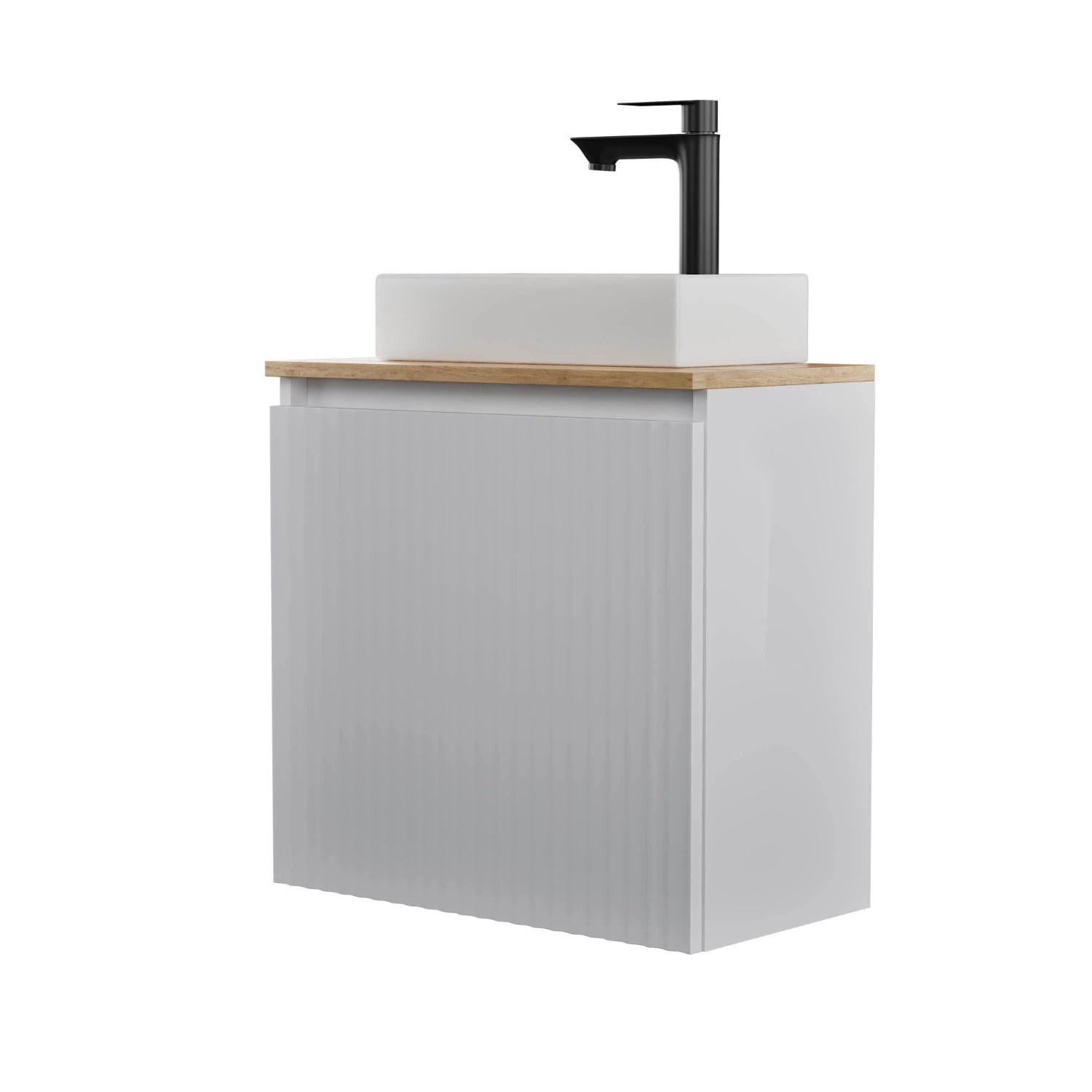 Planetmöbel Waschtisch 55 cm Weiß Matt mit Keramikwaschbecken Armatur Ablaufgarnitur Schwarz Matt Soft Close