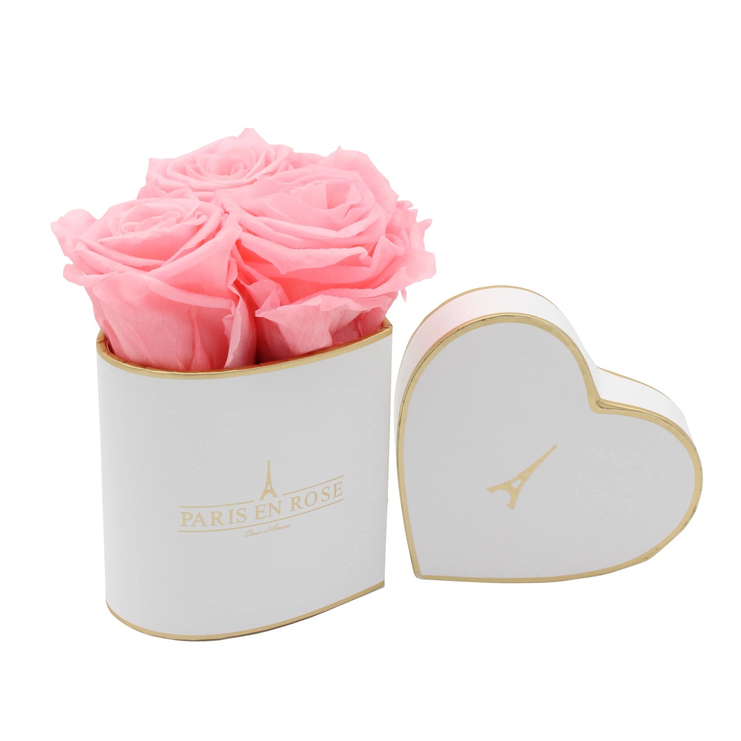 Rosenbox Herz, weiß-gold, mit 3 rosa Rosen. Romantischer Blumenstrauß als Geschenk.