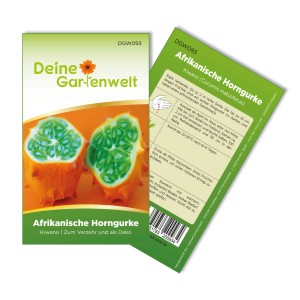 Samenpackung für Kiwano Horngurken von Deine Gartenwelt mit zwei aufgeschnittenen Früchten.