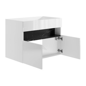 Moderner Vente-unique Waschbeckenunterschrank Pogeza, 80 cm, weiß, mit offener Tür, schwarzer Marmor-Optik.