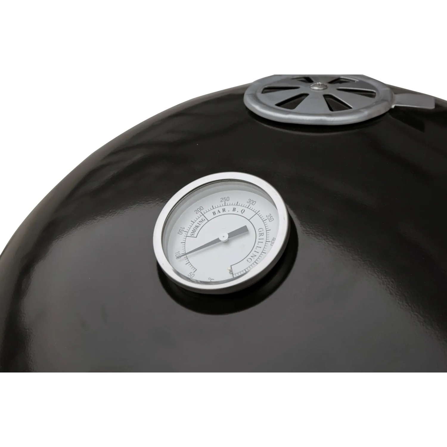 Detailaufnahme: Schwarzer El Fuego Kombigrill Staunton mit Thermometer und Rauchabzug.
