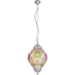 Silbergraue Globo Pendelleuchte mit bunten Acrylkristallen, 270x1200mm. Dekorative Hängeleuchte für Innenräume.