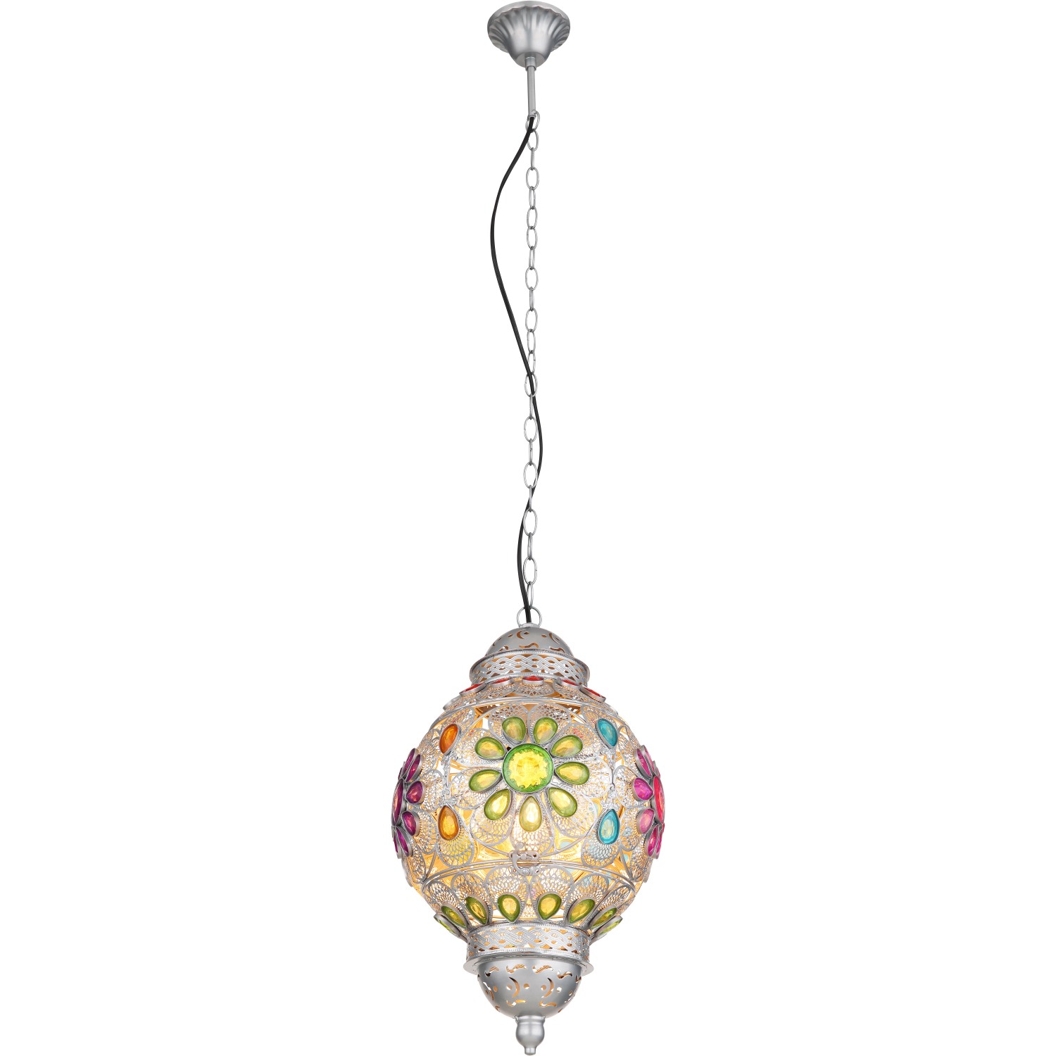 Silbergraue Globo Pendelleuchte mit bunten Acrylkristallen, 270x1200mm. Dekorative Hängeleuchte für Innenräume.