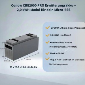 Conow CBE2000 Pro Powerstation mit Erweiterungsbatterien, graues Gehäuse.