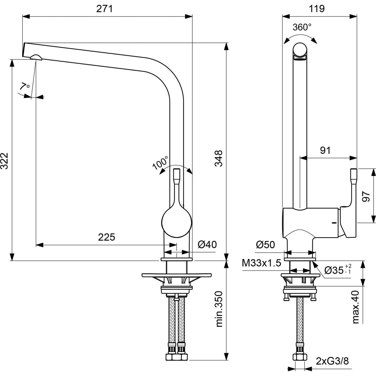 Technische Zeichnung Ideal Standard Ceralook Küchenarmatur, hoher Auslauf, Chrom, mit Maßen.
