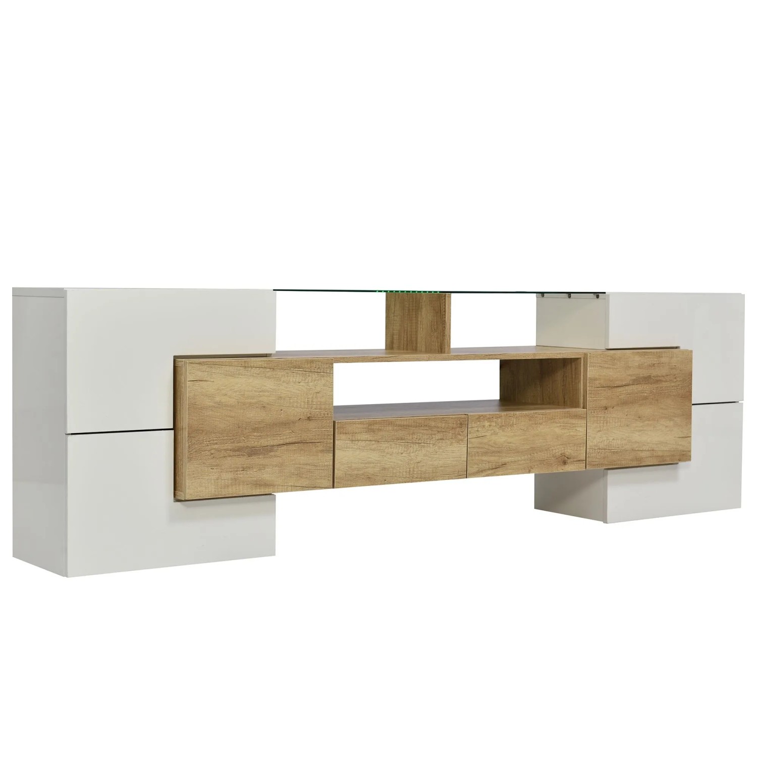 okwish TV Schrank mit LED Stauraum Glasoberfläche 200x30x60cm Hochglanz Natur