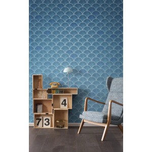 Sanders & Sanders Fototapete Art Deco Blau, 400x250cm, mit stilisiertem Wellenmuster im Wohnraum.