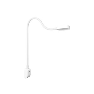 Weiße kalb Ilios LED-Bettleuchte mit flexiblem Arm, USB-C Anschluss zur Wandmontage.