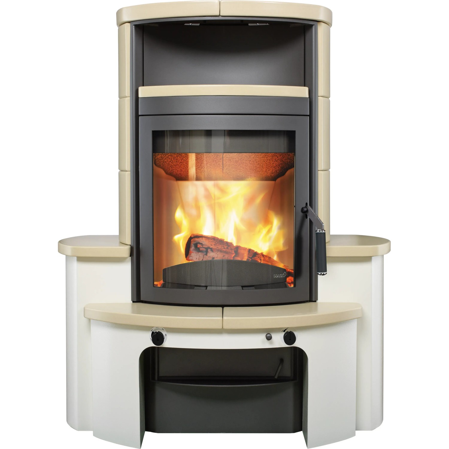Hark Avenso GT ECOplus Kaminofen mit Ofenkacheln in Creme, 6 kW, Automatik und brennendem Holz.