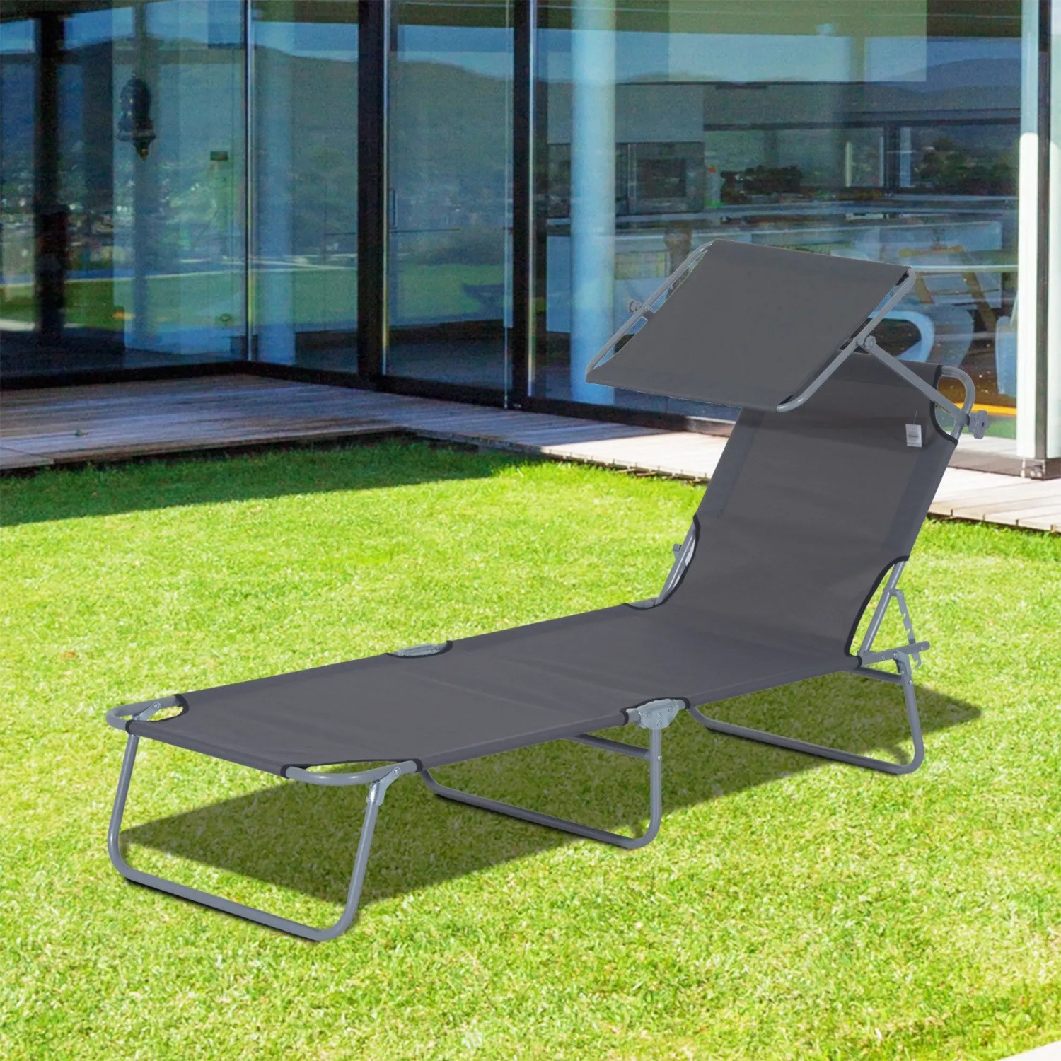 Graue Outsunny Sonnenliege mit Dach, klappbar und bis 120 kg belastbar. Gartenliege für entspannte Stunden.