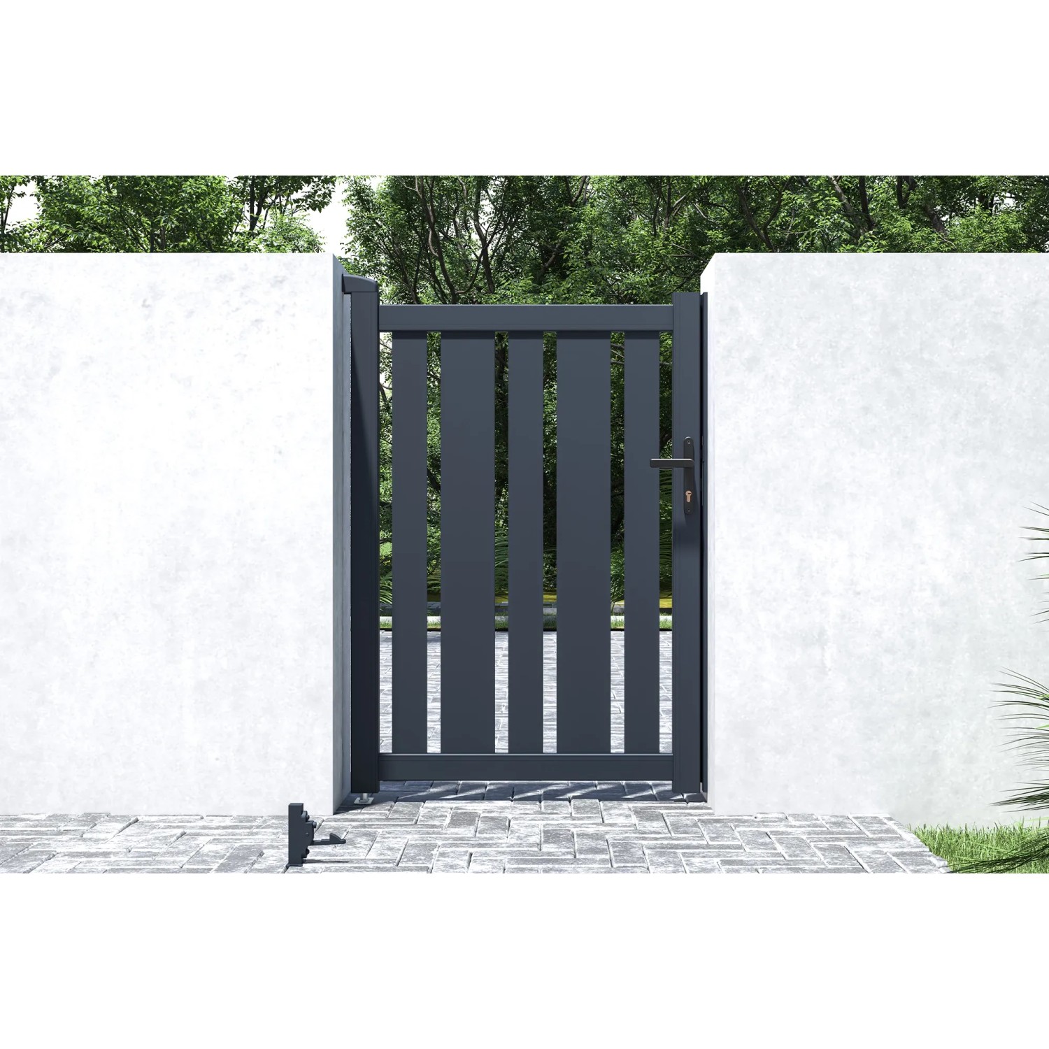 Graues Casanoov Gartentor Veymont (100x140 cm) mit zwei Eifel Pfosten (166 cm).